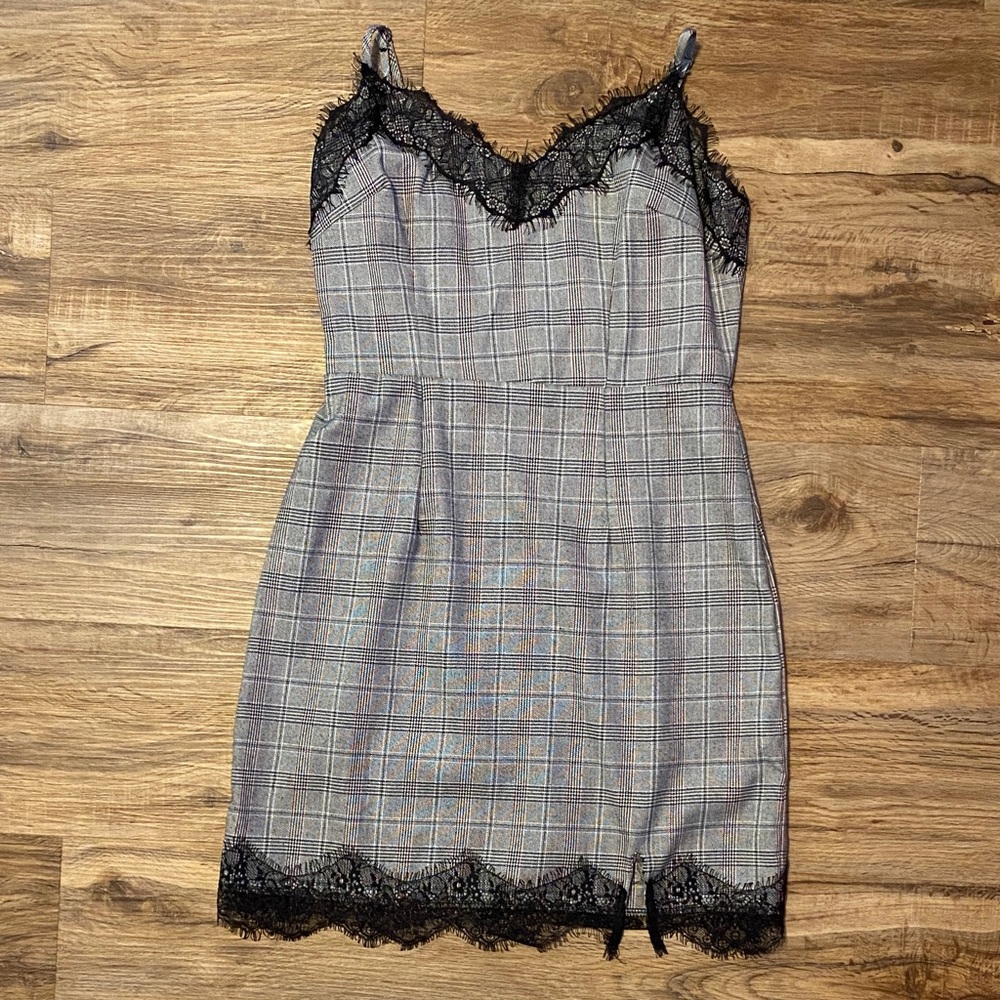 Plaid Black Lace Trim Mini Dress